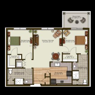 A detailed floor plan of a two-bedroom apartment featuring a living room, kitchen, dining area, two bathrooms, and a balcony.