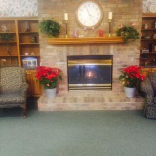 A cozy living room with a brick fireplace, decorative plants, and bookshelves.