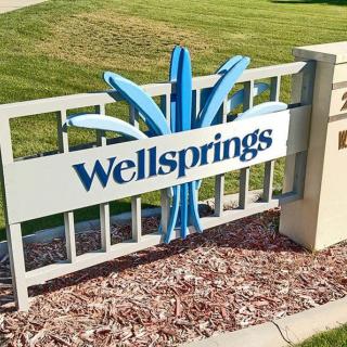 A decorative entrance sign for 'Wellsprings' surrounded by landscaped grass and mulch.