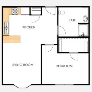 A floor plan of a one-bedroom apartment featuring a kitchen, living room, and bathroom.