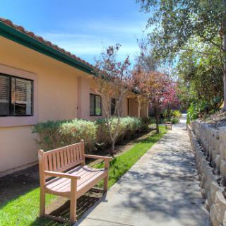 A peaceful walkway lined with greenery and a simple wooden bench, perfect for enjoying the outdoors.