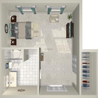 A floor plan of a studio apartment showcasing the layout and furniture arrangement.