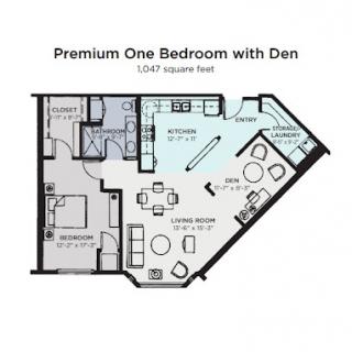 Floor plan for a Premium One Bedroom with Den, measuring 1,047 square feet.