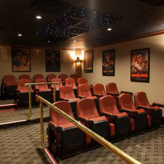 A cozy home theater with multiple rows of seats and classic movie posters on the walls.