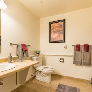 A tidy bathroom with a sink, toilet, and decorative elements.