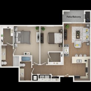 A two-bedroom apartment floor plan featuring a living room, kitchen, dining area, bathroom, and patio/balcony.