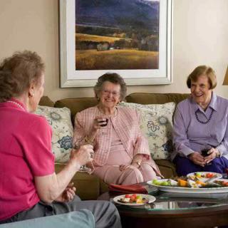 A group of elderly women are enjoying a social gathering in a cozy living room, sharing snacks and laughter.