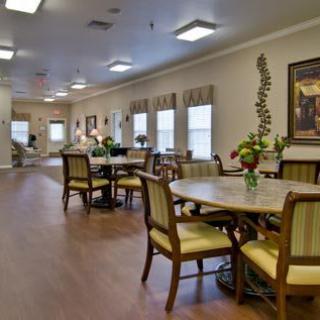A well-lit dining area featuring multiple tables and chairs, adorned with decorative plants.