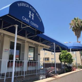A building entrance with a blue awning and a palm tree nearby.
