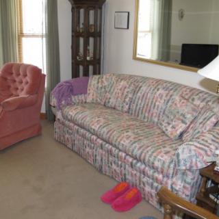 A cozy living room with a striped sofa and a pink armchair.