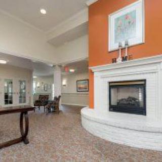 A cozy living room interior featuring a central fireplace with a modern design and warm decor.