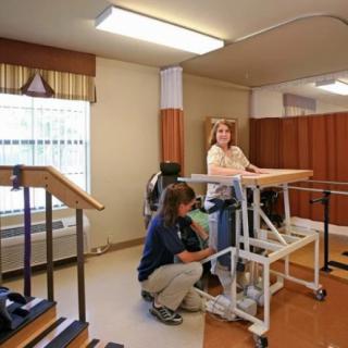 A woman undergoes a physical therapy session with the assistance of a therapist, utilizing specialized exercise equipment.