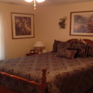 A cozy bedroom with a large bed, bedside lamp, and decorative paintings on the wall.