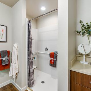 A modern bathroom with a walk-in shower and stylish decor.