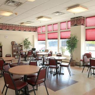 A bright and inviting dining area featuring tables and chairs, adorned with red blinds and potted plants.