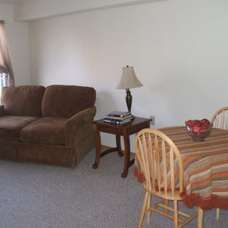 A cozy living room with a brown sofa, side table with a lamp, and a dining table with chairs.