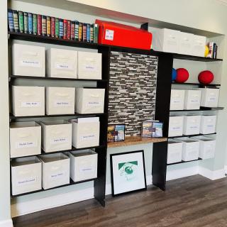 A neatly organized bookshelf featuring a colorful manga collection and labeled storage boxes, complemented by modern wall decor.