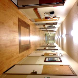 A brightly lit indoor hallway with a wooden floor and several doors on either side.