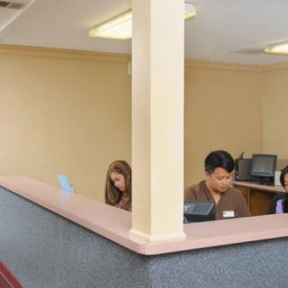 An office reception area with staff working at their desks.