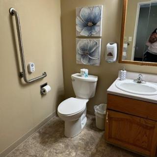 A clean and accessible bathroom featuring a toilet, sink, and decorative wall art.