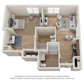 3D rendering of a one-bedroom apartment floor plan with modern interior design.
