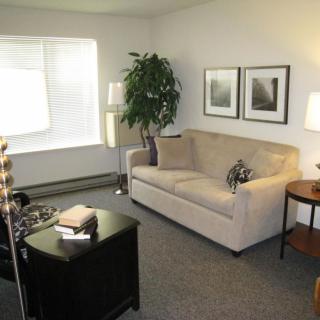 A cozy living room with a sofa, indoor plant, and artwork on the wall.