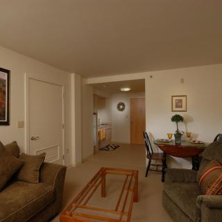 A cozy living room with sofas and a dining area.