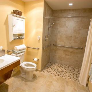 A spacious, accessible bathroom featuring a walk-in shower with handrails and tiled flooring.