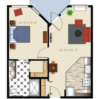A one-bedroom apartment floor plan featuring a living room, kitchen, bathroom, and bedroom.