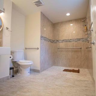 A spacious, accessible bathroom featuring a walk-in shower with grab bars and modern design elements.