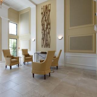 A modern lobby area with stylish seating and artwork.