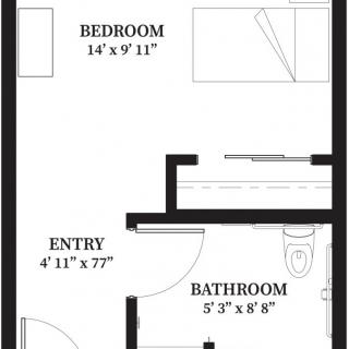 A simple floor plan showing the layout of a bedroom, bathroom, and entryway.