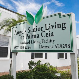 Sign for Angels Senior Living at Palma Ceia, an assisted living facility.