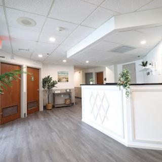 A modern and welcoming reception area with stylish decor and natural greenery.