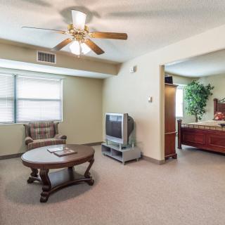 A cozy living room featuring a ceiling fan, TV, coffee table, and chair with natural light coming through the window.