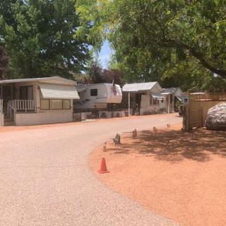 A view of a curved road lined with mobile homes and shaded by trees.