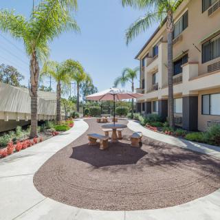 A sunny outdoor patio area with seating and landscaping beside an apartment building.