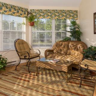 A cozy living room adorned with plants and natural light, featuring comfortable seating and a welcoming atmosphere.