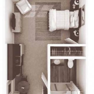 A top-down view of a compact bedroom and bathroom layout, featuring a bed, TV, and seating area.