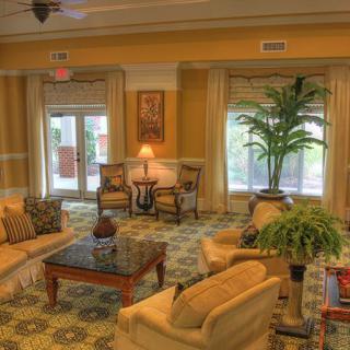 A cozy living room with elegant decor, featuring comfortable seating and lush plants.