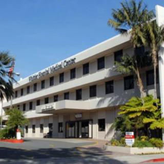 A front view of a hospital building surrounded by palm trees.