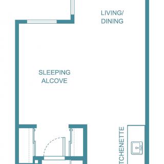 Studio apartment floor plan with a sleeping alcove, living/dining area, and kitchenette.