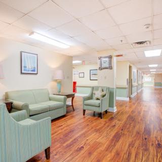 A welcoming waiting area featuring comfortable green furniture and a warm wooden floor.