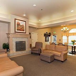 A cozy living room with a fireplace, sofas, and elegant decor.