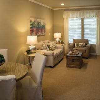 Cozy living room with a sofa, armchair, coffee table, and dining area.
