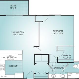 A floor plan of a one-bedroom apartment with labeled rooms.