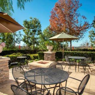 A sunny outdoor patio with tables, chairs, and umbrellas surrounded by lush greenery.