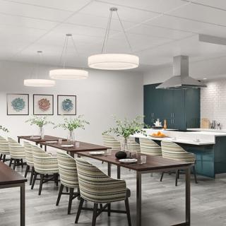 A modern dining and kitchen area with stylish lighting and decor.