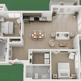 3D floor plan of a two-bedroom apartment with modern furniture and open living space.