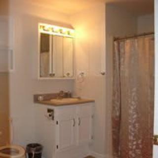 A bathroom interior featuring a sink with a mirror and cabinet above, along with a shower area enclosed by a curtain.